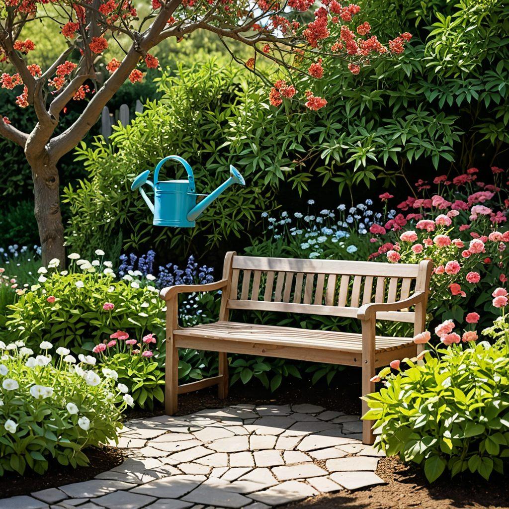 A serene garden scene showcasing the transformation from seed to blooming flowers, with vibrant blossoms in various stages of growth. Include vivid greenery, intricate garden tools, and a peaceful retreat with a bench under a flowering tree. The sky should be a clear blue, promoting tranquility and inspiration. super-realistic. vibrant colors. 3D.