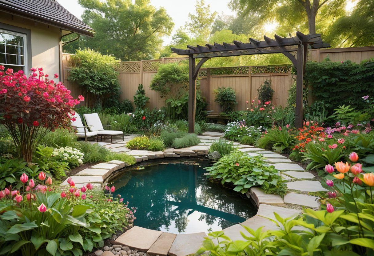 A serene backyard oasis featuring diverse sustainable plants, lush greenery, and a cozy seating area surrounded by colorful flowers. Incorporate a small pond with lotus flowers, solar garden lights, and a trellis covered in climbing vines. Showcase a gardener tending to the plants, embodying harmony with nature. vibrant colors. soft sunlight filtering through leaves. 3D.