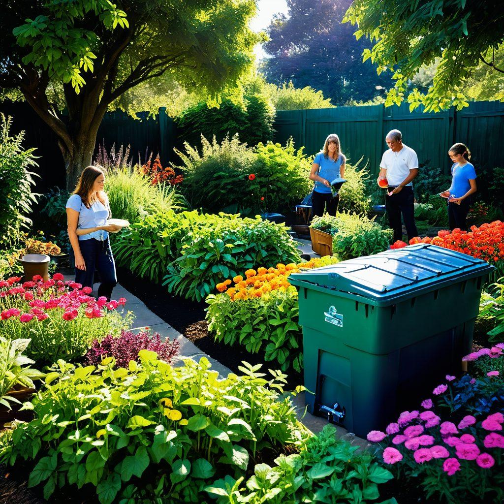 A serene garden full of vibrant green plants, colorful flowers, and sustainable gardening tools, with a knowledgeable gardener sharing tips with a small group of enthusiastic learners. Incorporate elements like compost bins, rainwater collection systems, and organic vegetables to emphasize sustainability. Bright sunlight filtering through the leaves creates a warm, inviting atmosphere. realistic style. vibrant colors. lush background.